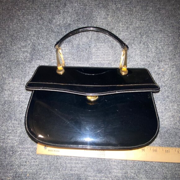 Vintage Black Patent Leather Handbag  Gold Tone Handle Hardware Classic USA - Picture 5 of 16
